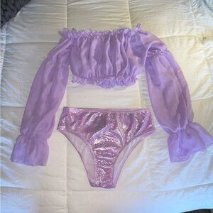 Light Purple Holographic Flowy Rave EDM Music Festival Outfit two piece set